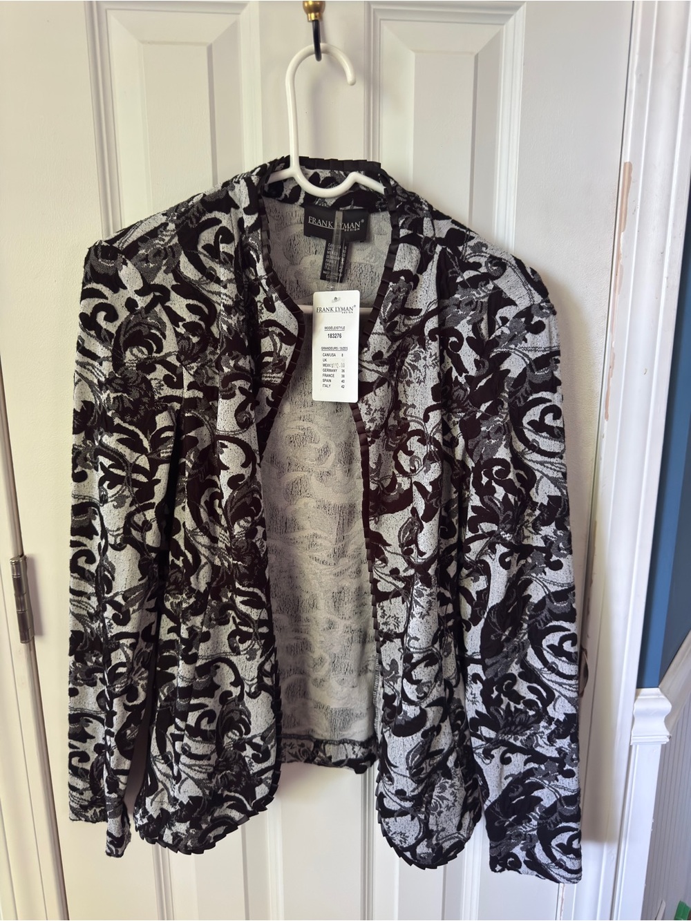 Frank Lyman Design Black & White Floral Damask Open Front Jacket